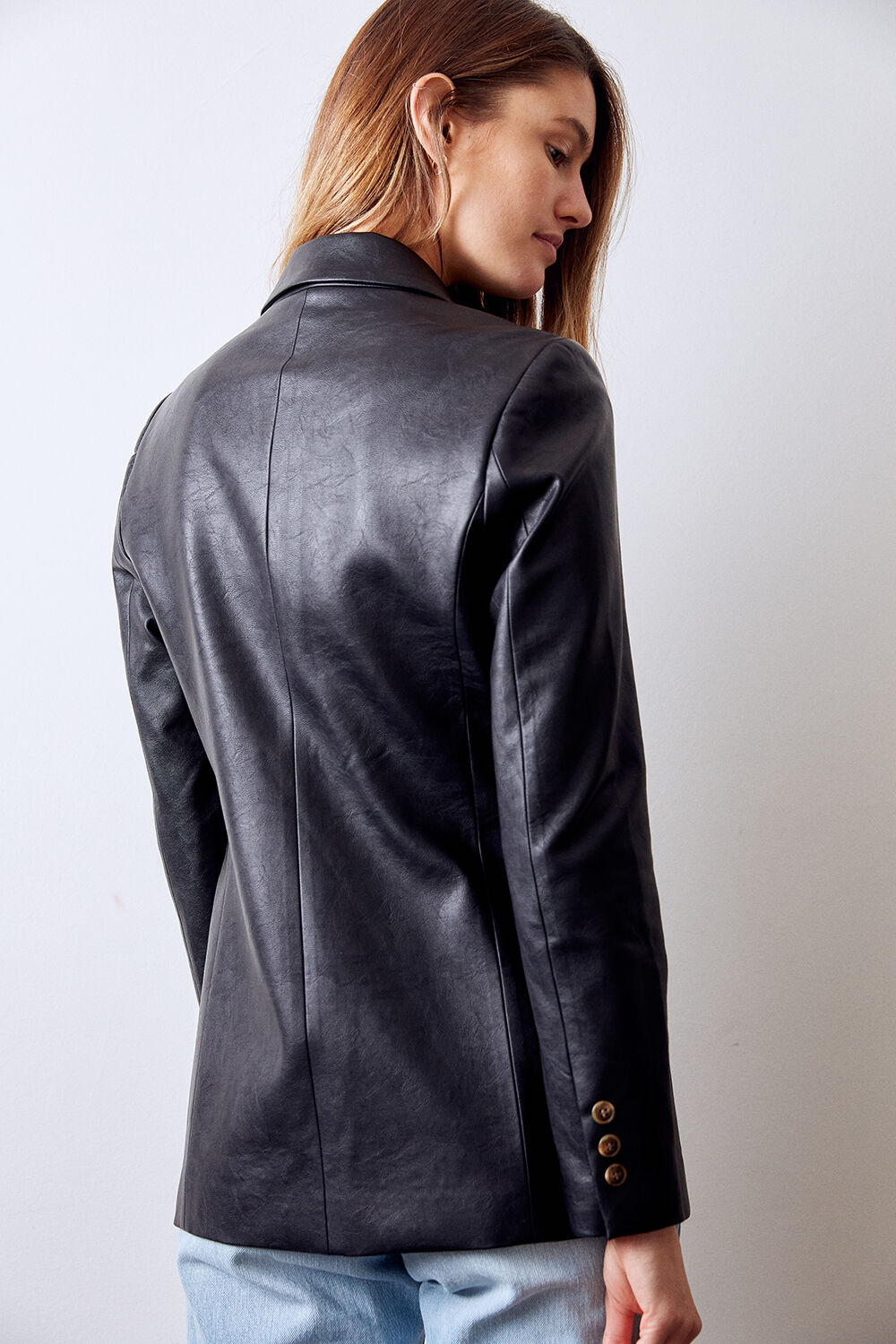 Vegan Leather Blazer in Black | Bardot
