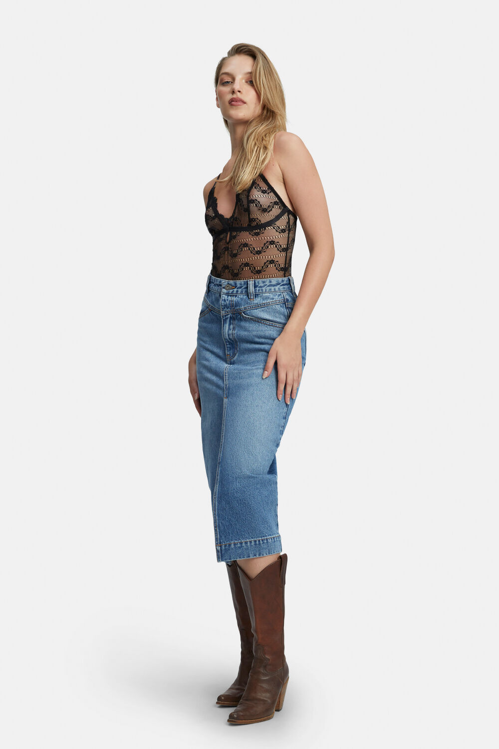 Jonah Midi Denim Skirt in colour MIDNIGHT NAVY
