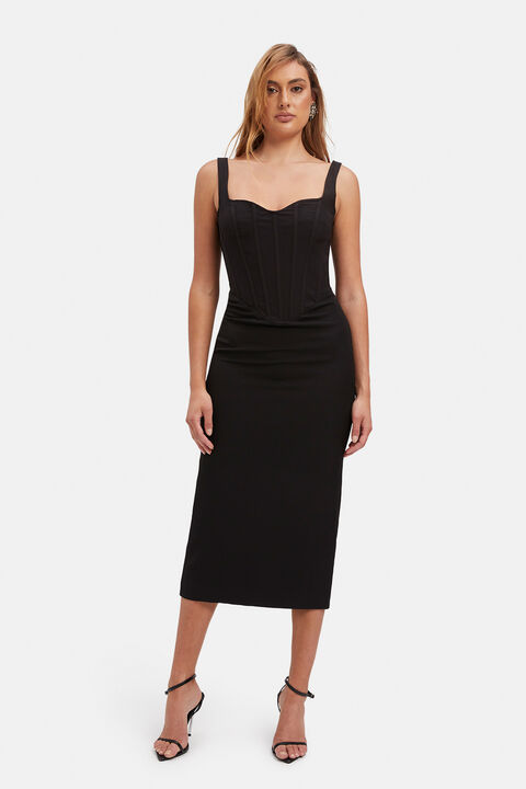 FITTED CORSET MIDI DRESS in colour CAVIAR
