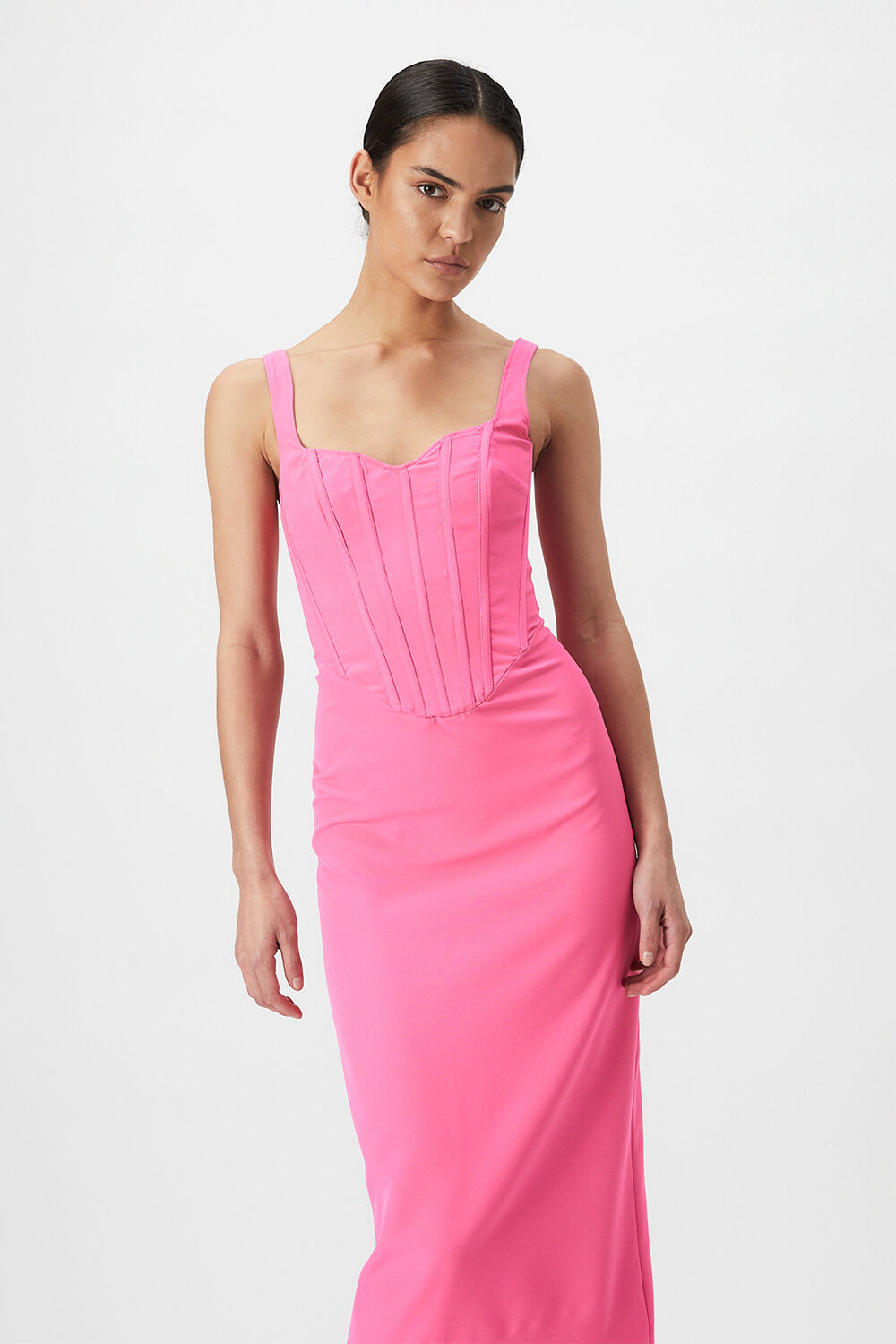 Fitted Corset Midi Dress In Lili Pink Bardot