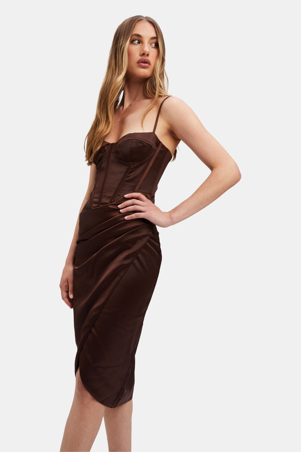 LUMINARY MIDI CORSET DRESS in colour CHOCOLATE BROWN