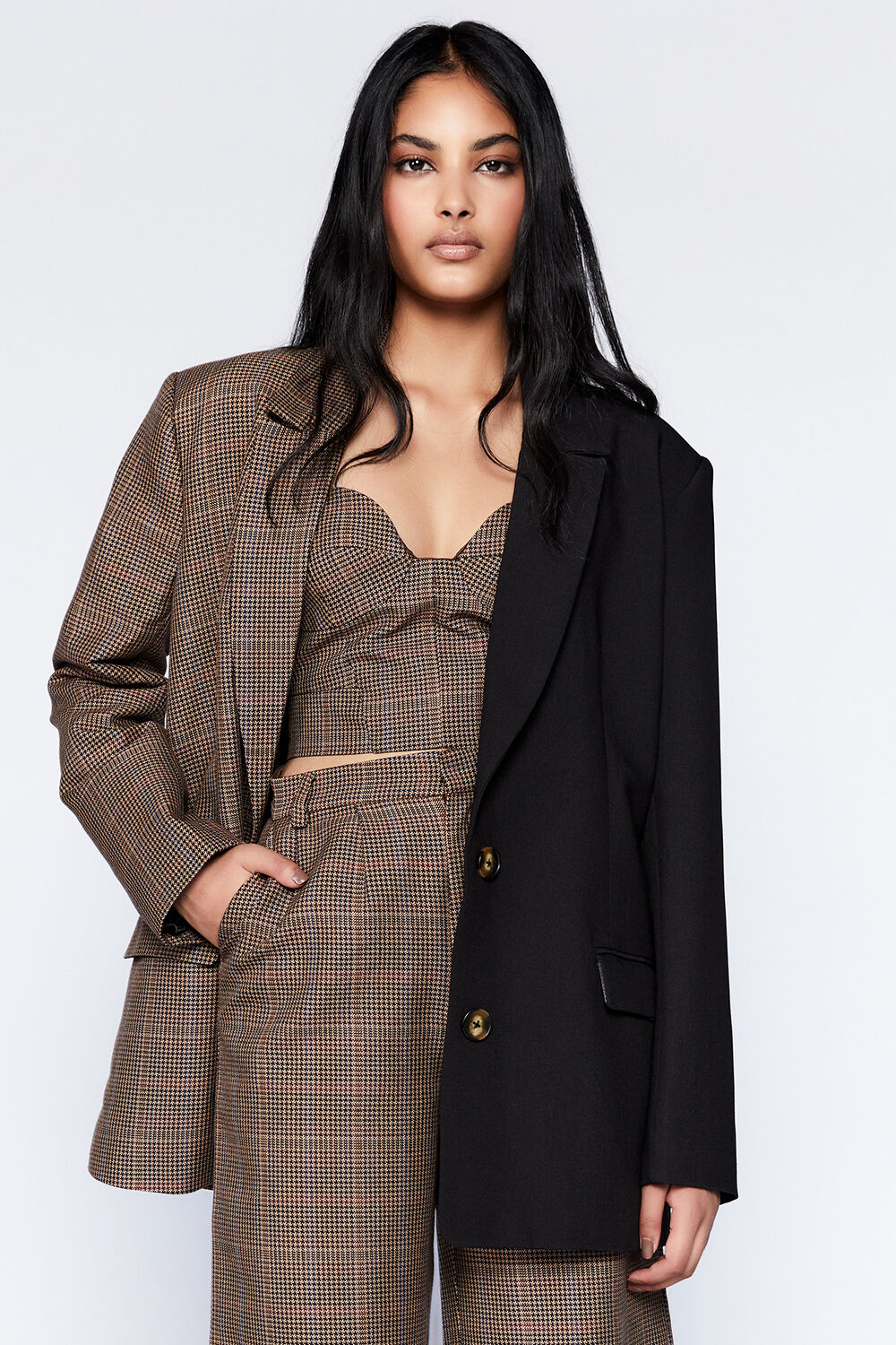 SPLICED CHECK BLAZER in colour TOBACCO BROWN