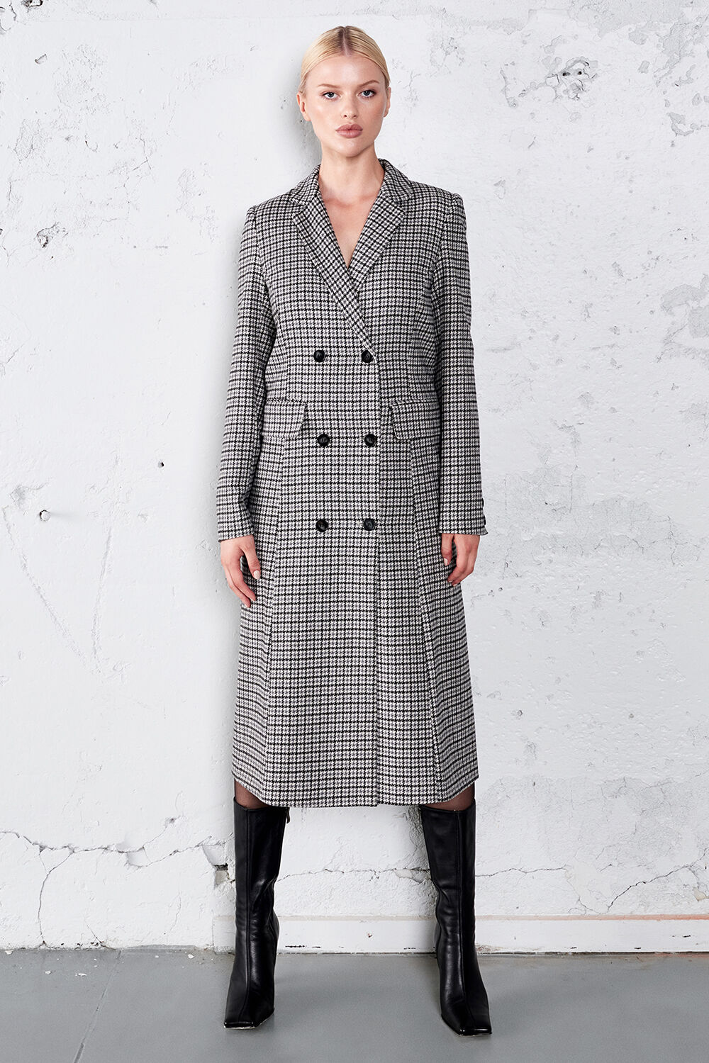 grey and white check coat