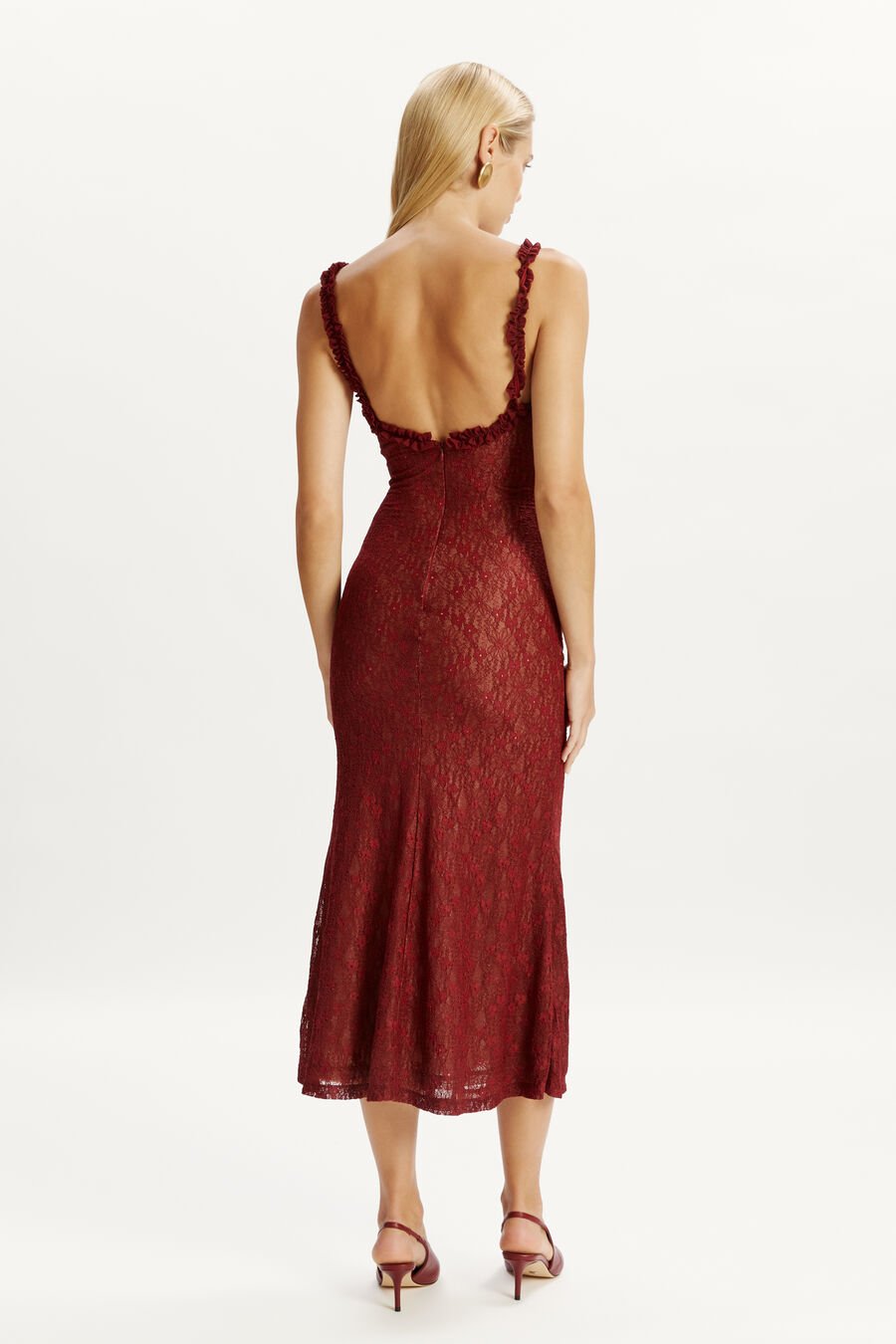 ALEGRA STRETCH LACE MIDI DRESS in colour BURGUNDY