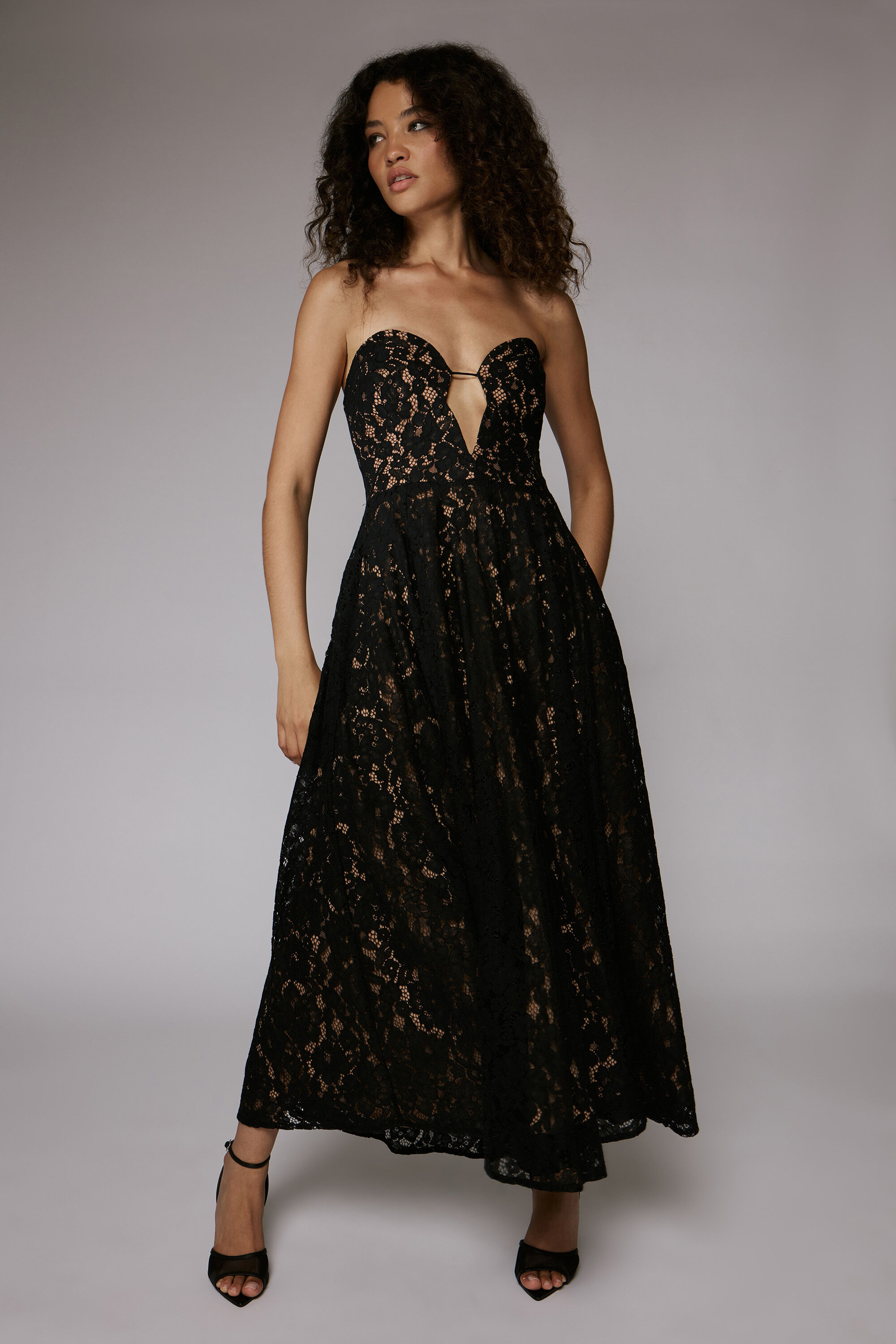 Opal Volume Lace Midi Dress In Black | Bardot