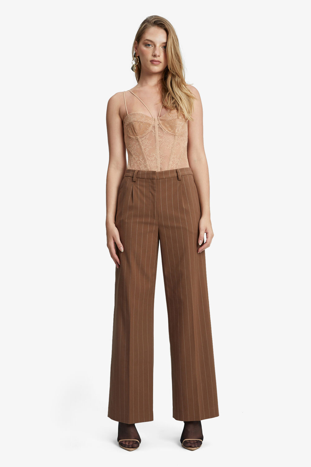 PIN STRIPE STRAIGHT PANT in colour CHESTNUT STRIPE