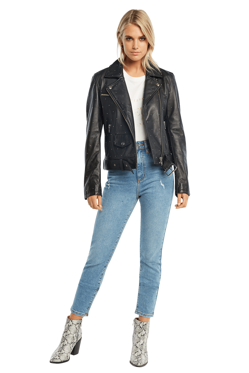 KIRA LEATHER BIKER JACKET in colour CAVIAR