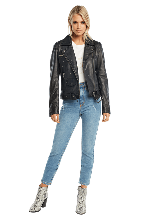 KIRA LEATHER BIKER JACKET in colour CAVIAR
