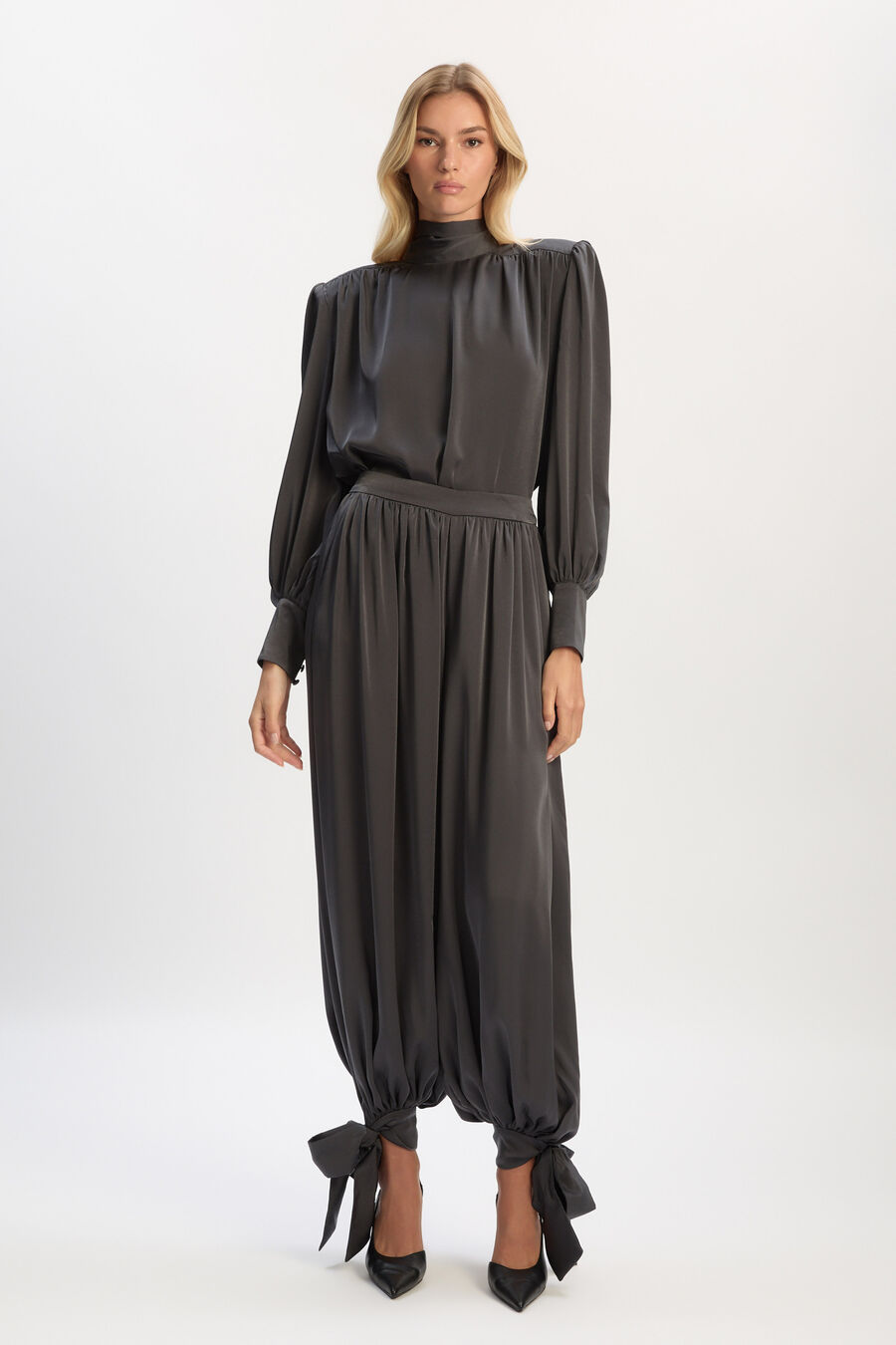 Revana Satin Tie Neck Blouse