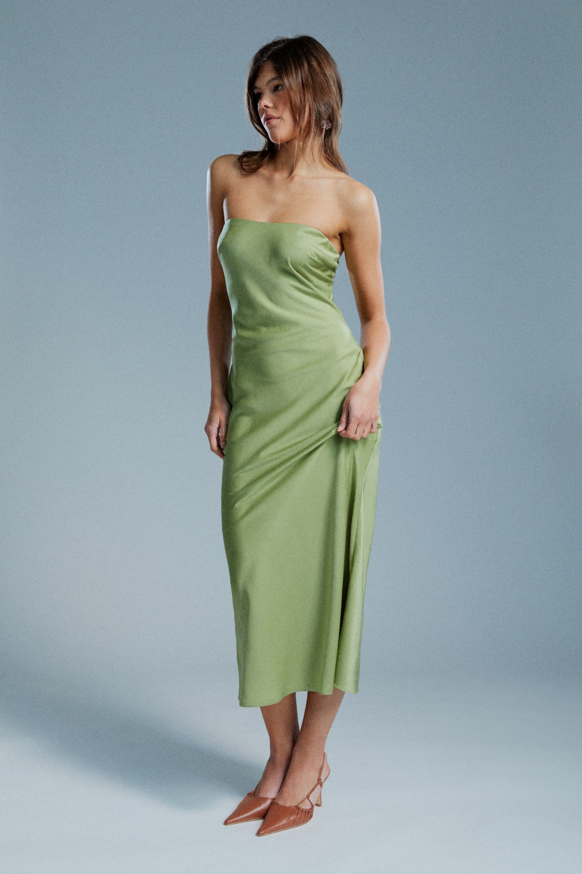 Casette Strapless Slip Dress In Applegreen