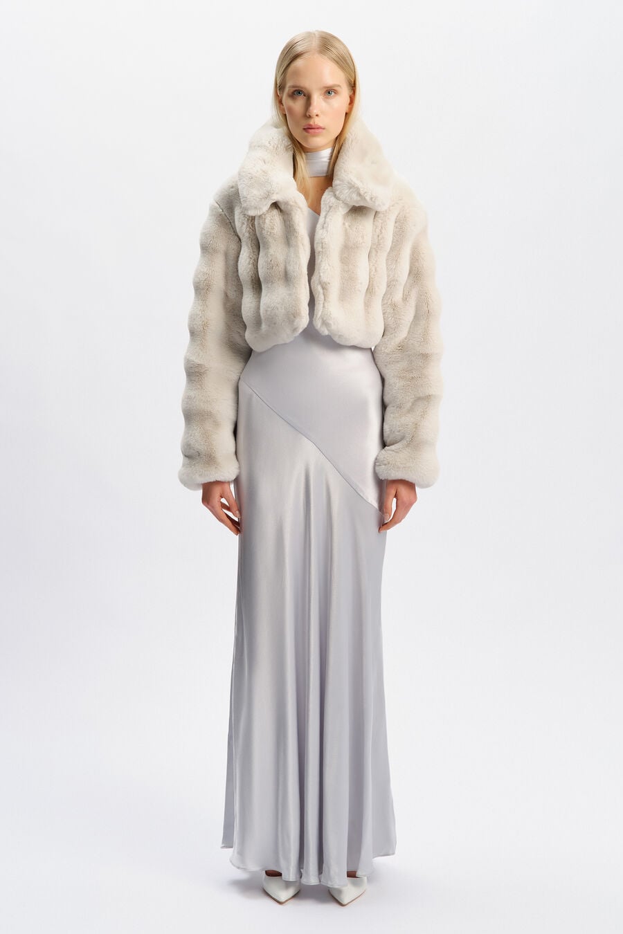 ATHERA CROPPED FAUX FUR JACKET in colour Soft Grey