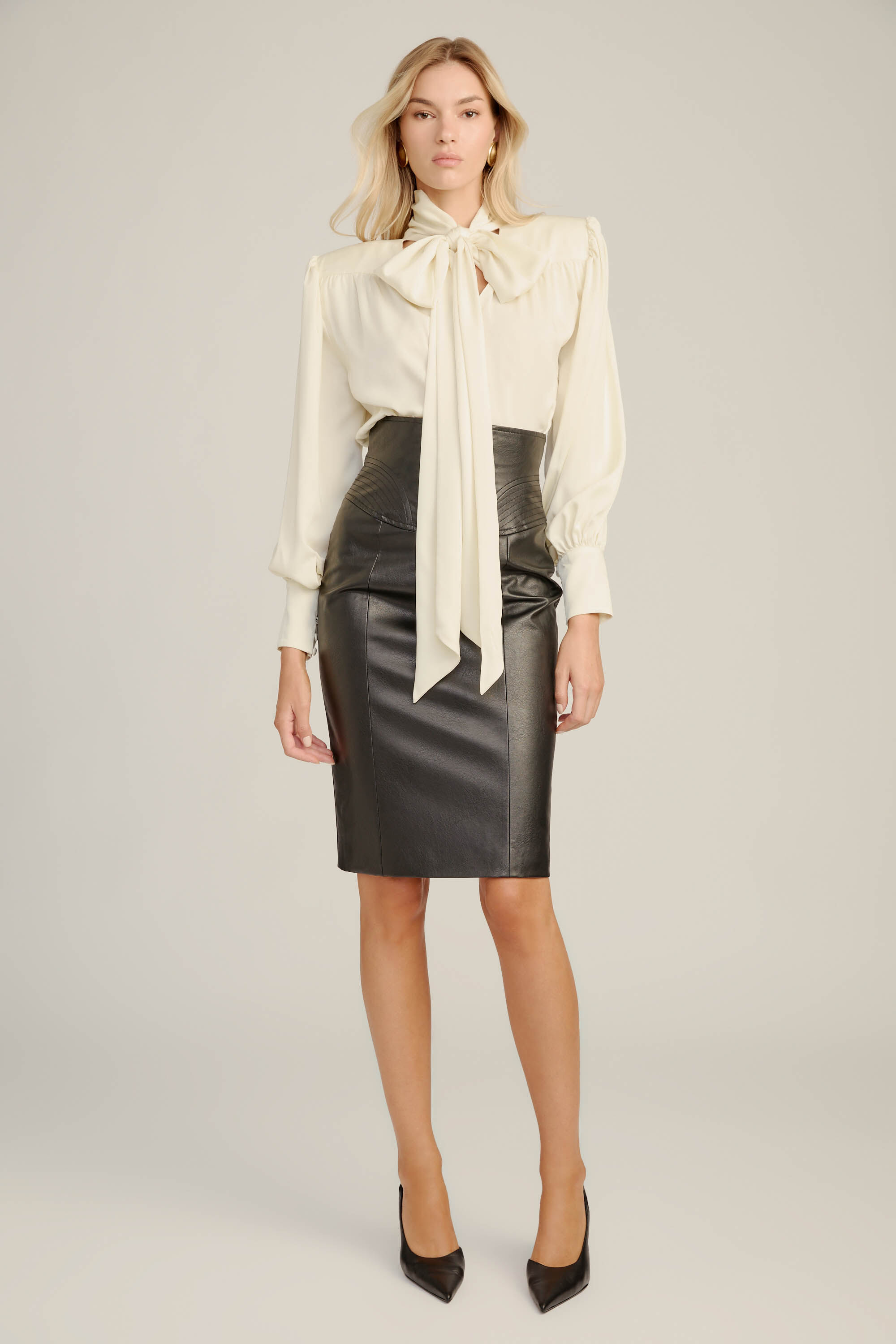 Revana Satin Tie Neck Blouse In Ivory | Bardot