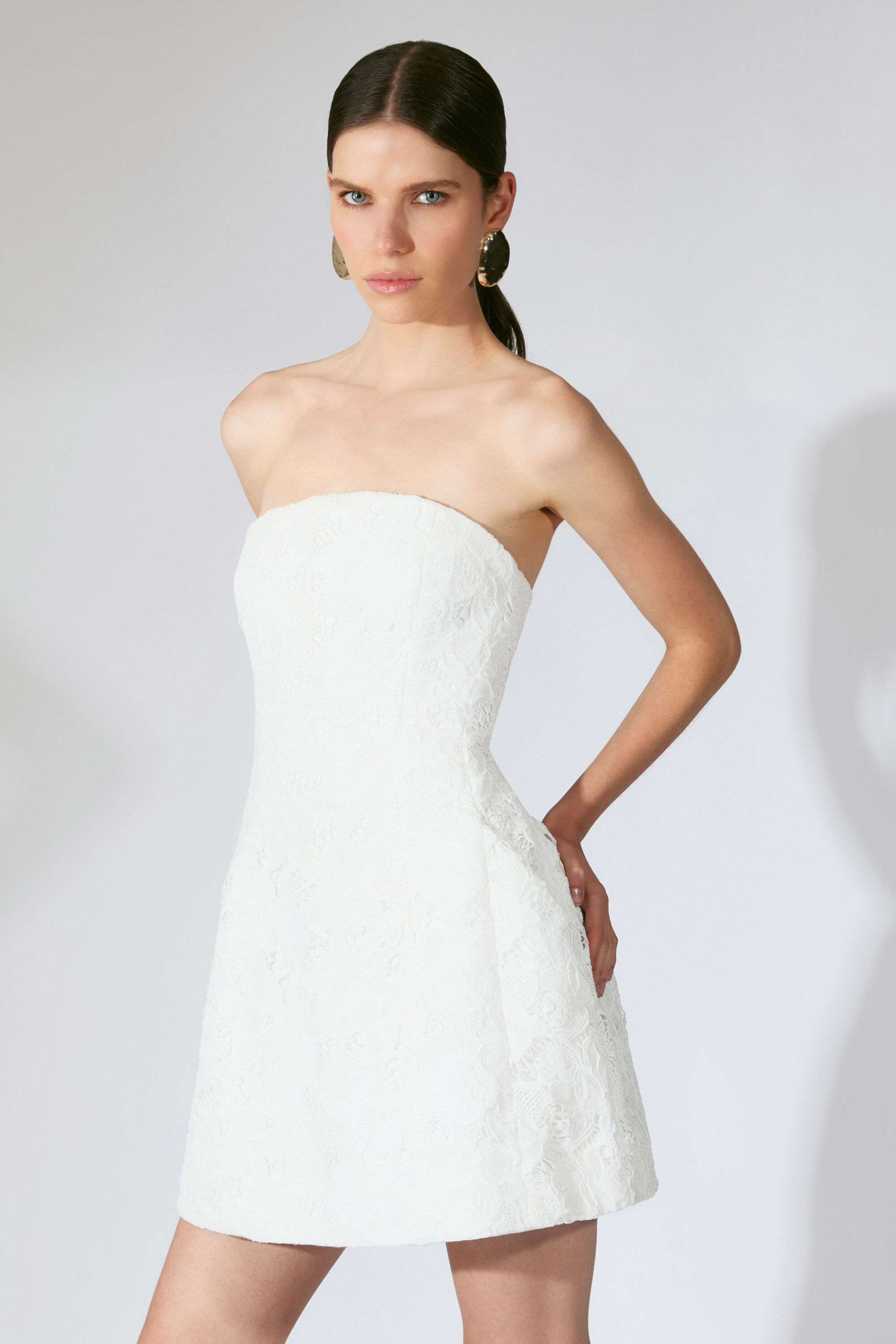 Karoline Lace Mini Dress In Orchid White | Bardot