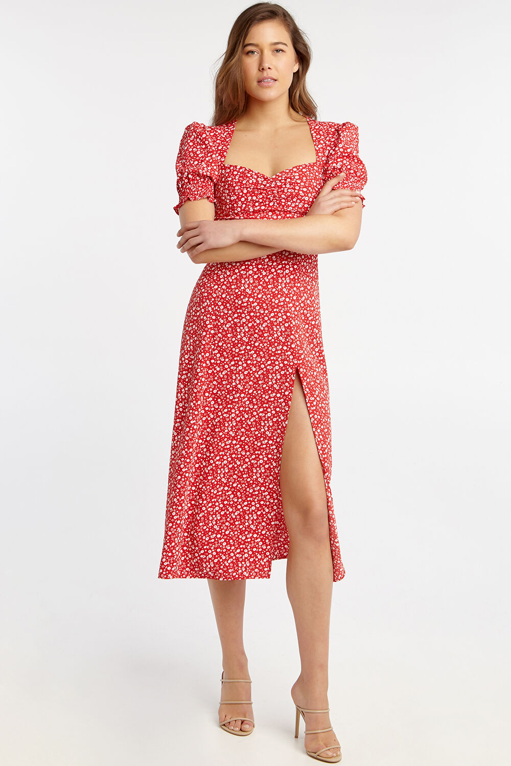 bardot red floral dress