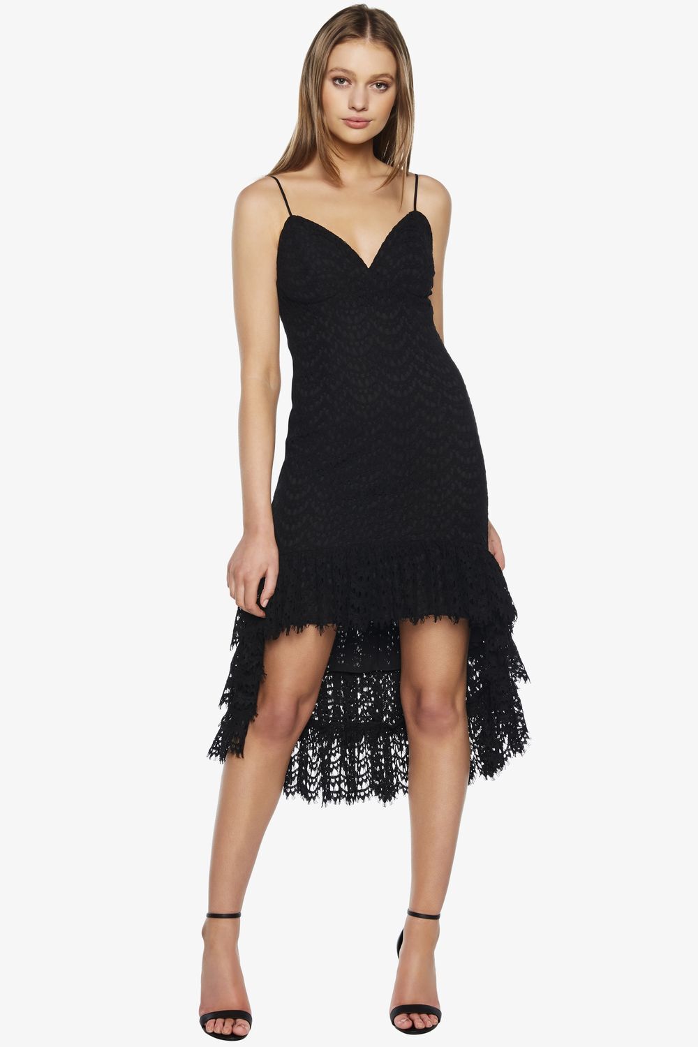 bardot scalloped lace sheath dress