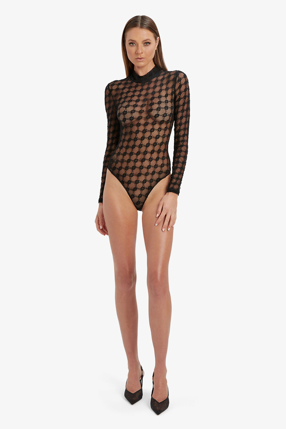 ADONI MESH BODYSUIT in colour CAVIAR