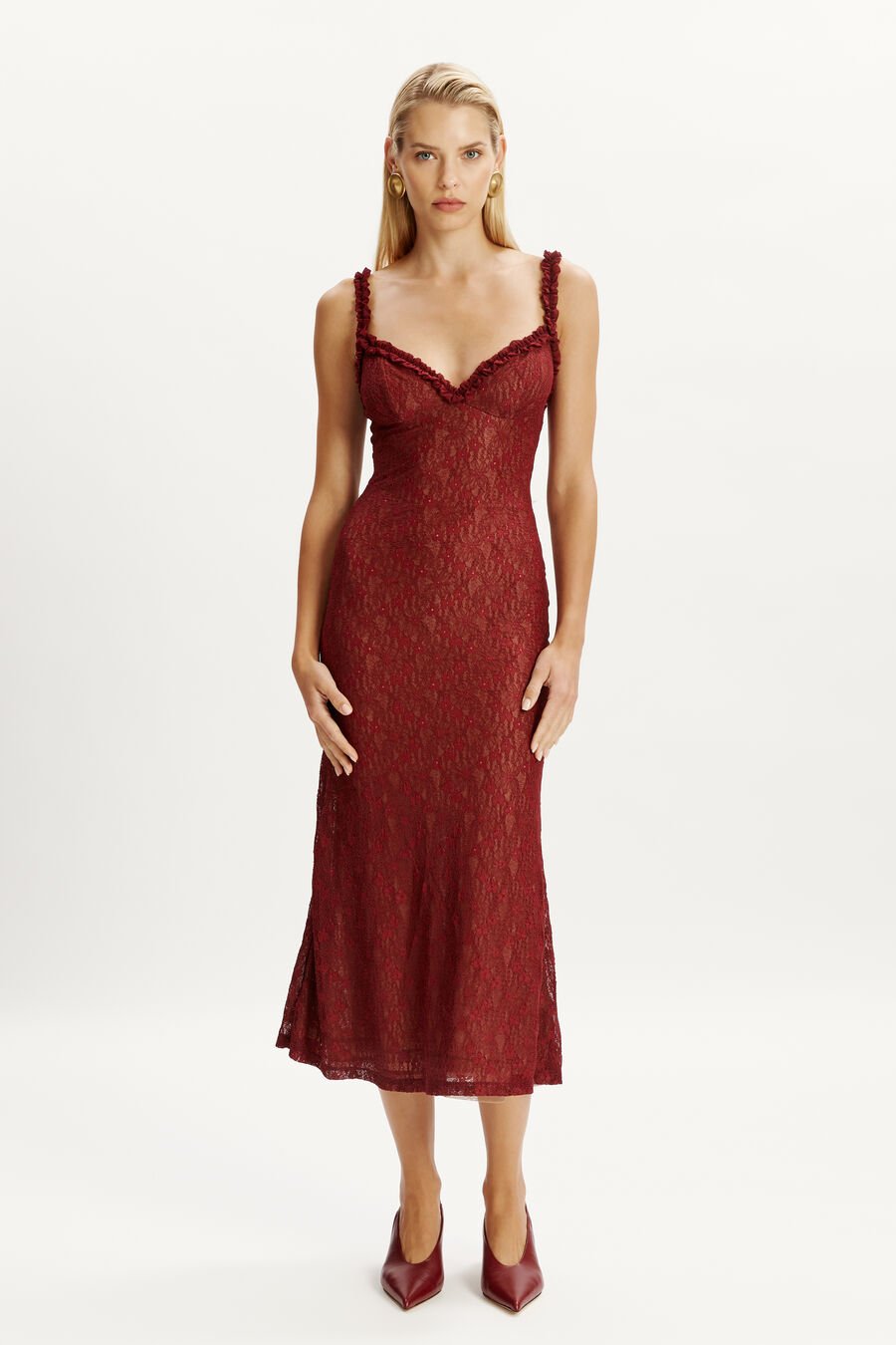 ALEGRA STRETCH LACE MIDI DRESS in colour BURGUNDY