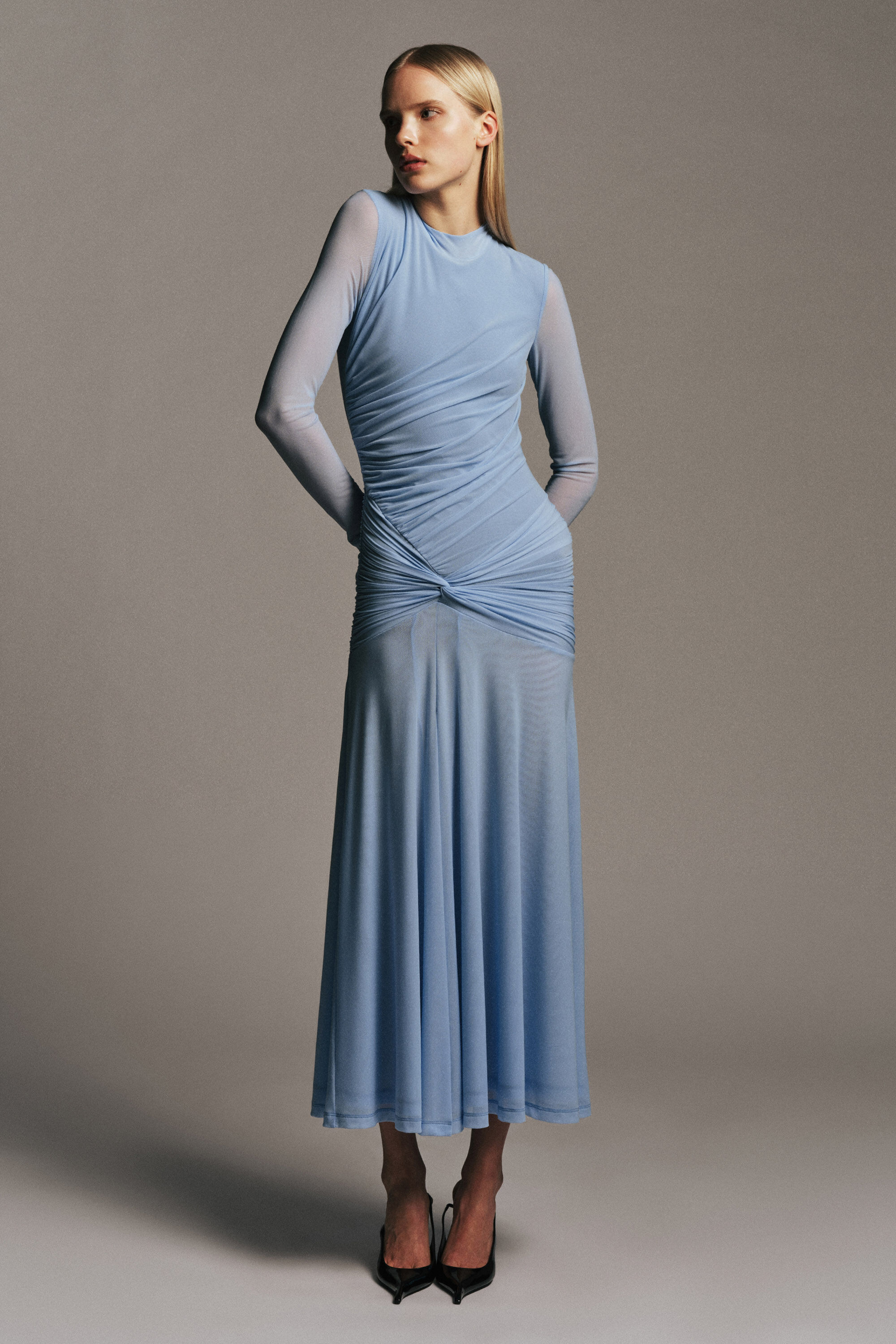 bardot liyana ruched side midi dress BARDOT Liyana Ruched Mesh Dress