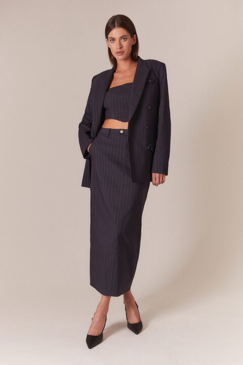 SIAN PIN STRIPE MAXI SKIRT in colour SODALITE BLUE