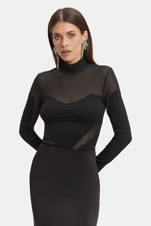 JASMINE SHEER PANEL BODYSUIT in colour CAVIAR