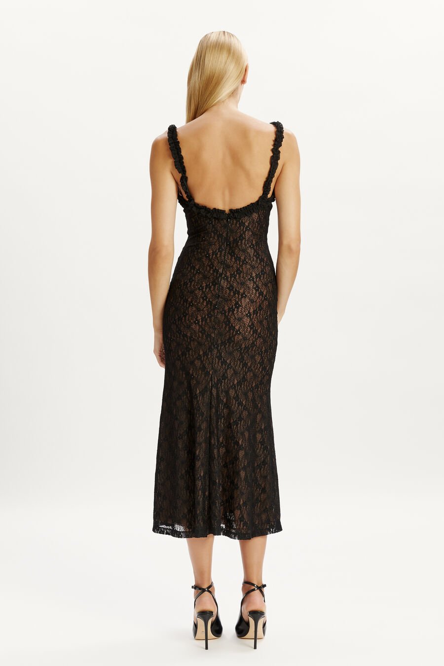 ALEGRA STRETCH LACE MIDI DRESS in colour BLACK
