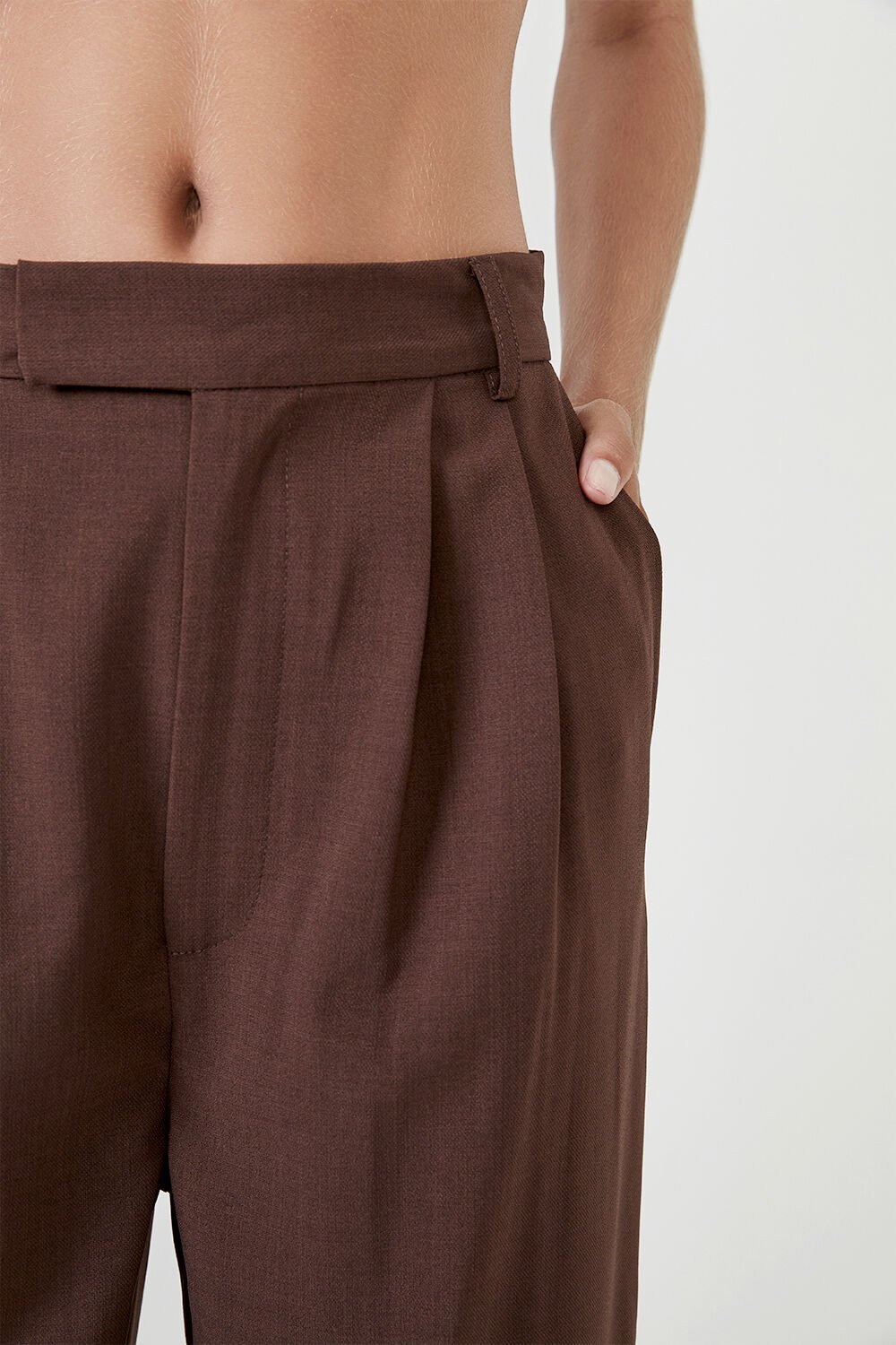 TUCK FRONT TROUSER  in colour BITTER CHOCOLATE
