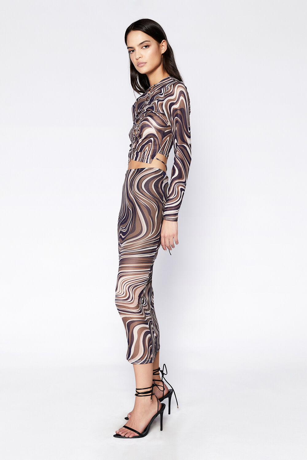 ALIYAH PRINTED MESH SKIRT in colour BROWN SWIRL