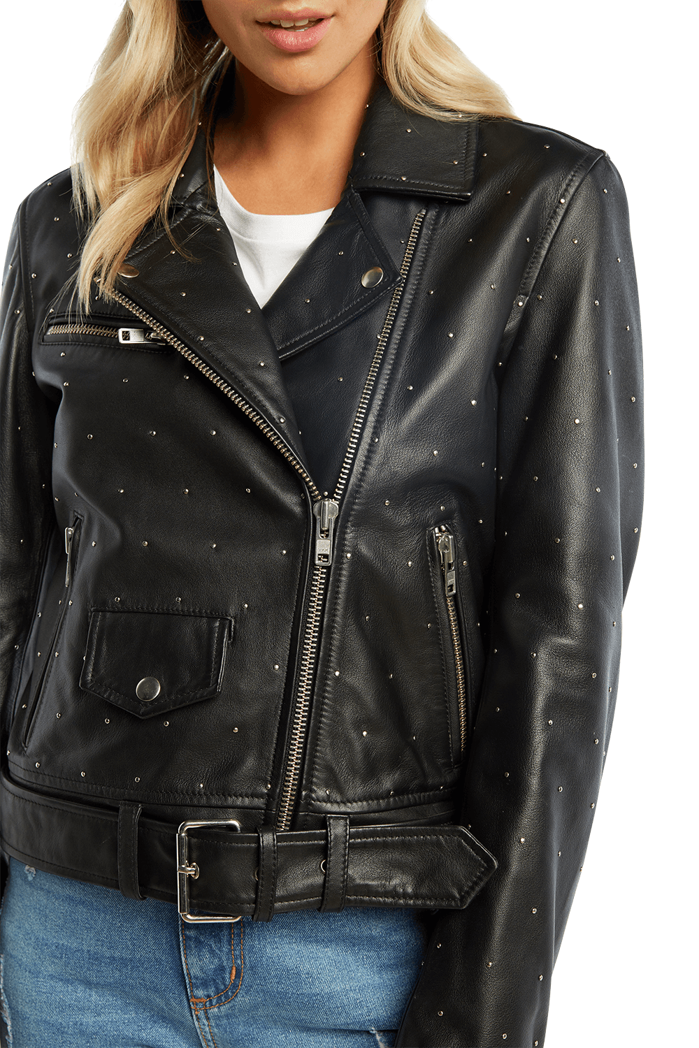 KIRA LEATHER BIKER JACKET in colour CAVIAR
