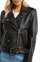 KIRA LEATHER BIKER JACKET in colour CAVIAR