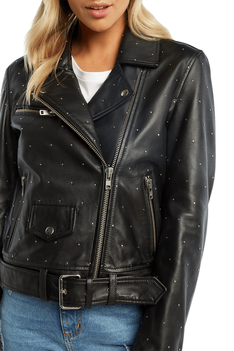 KIRA LEATHER BIKER JACKET in colour CAVIAR