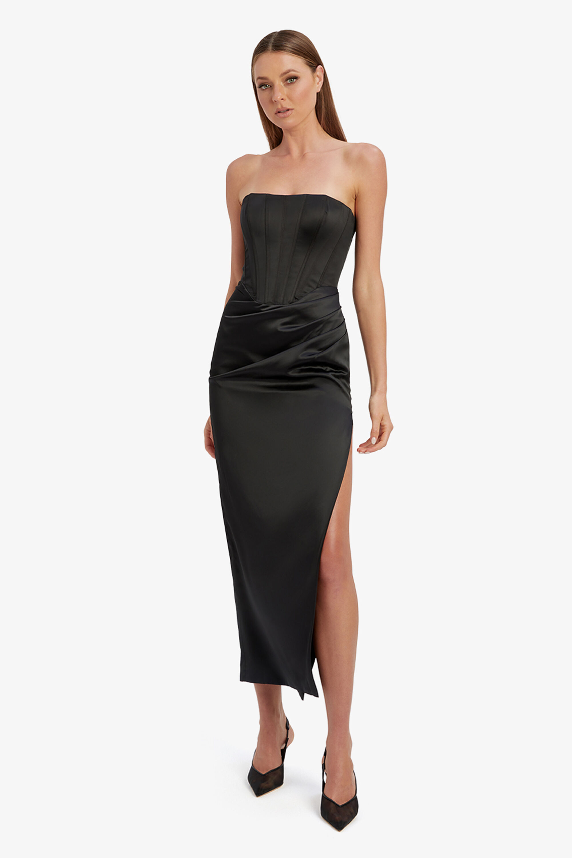 Everlasting Satin Midi Dress In Black Bardot