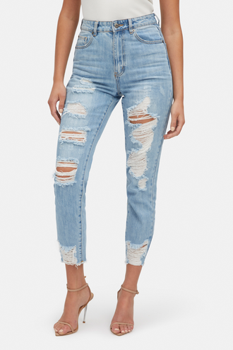 THE MUM JEAN in colour DUSTY BLUE