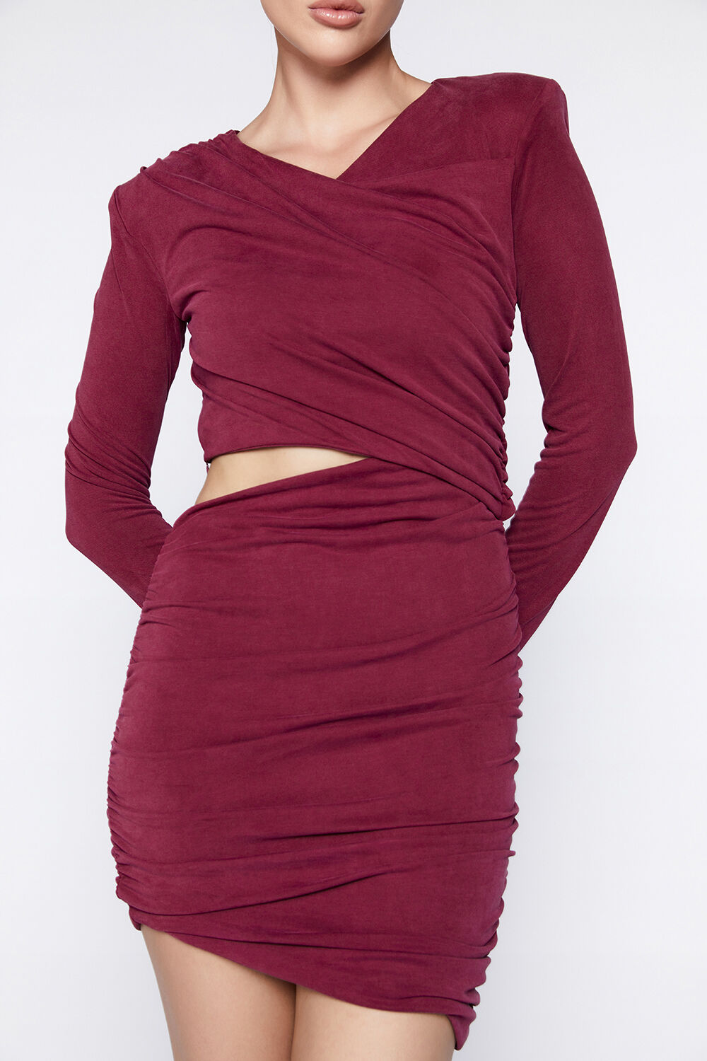 ROSA RUCHED MINI DRESS in colour BURGUNDY