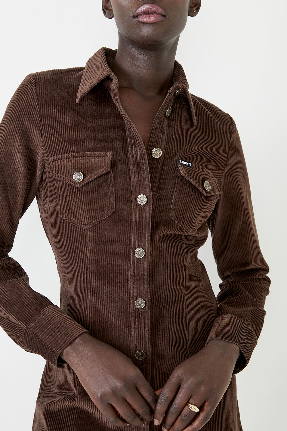 Utility Cord Dress in Chocolate | Bardot