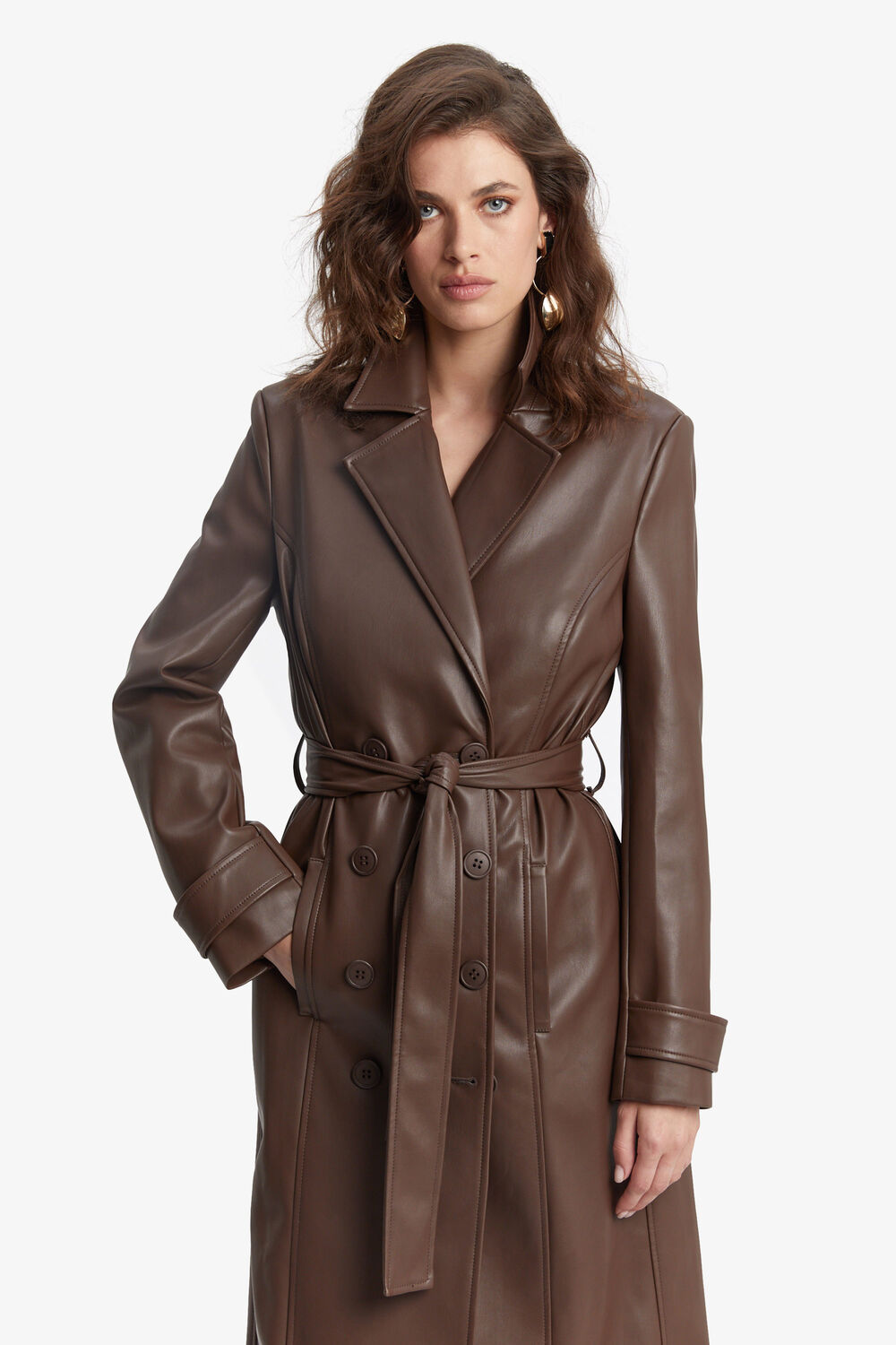 VEGAN LEATHER TRENCH COAT in colour CHOCOLATE BROWN