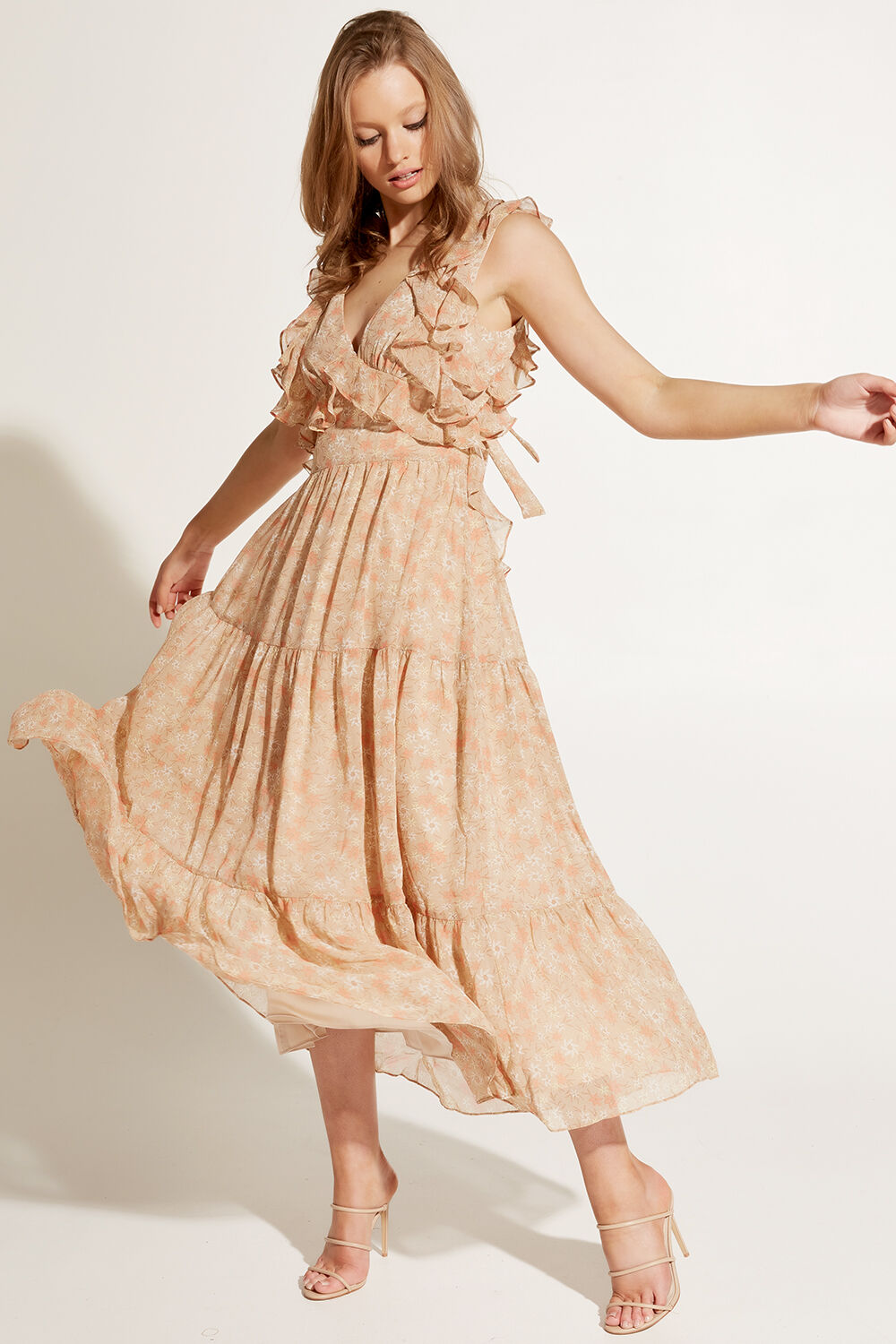 Simona Floral Dress in Tan Ditsy | Bardot