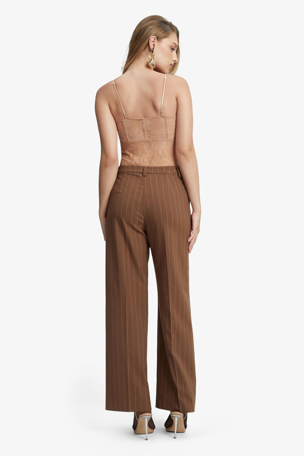 PIN STRIPE STRAIGHT PANT in colour CHESTNUT STRIPE