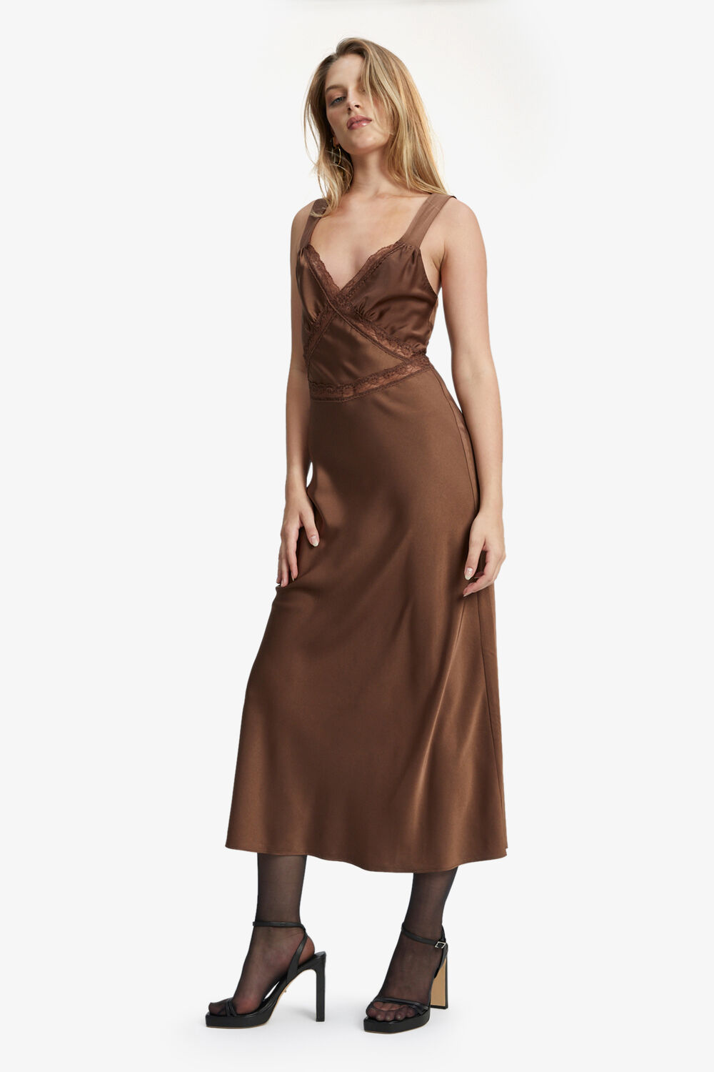 EMORY LACE SLIP DRESS in colour CHOCOLATE BROWN