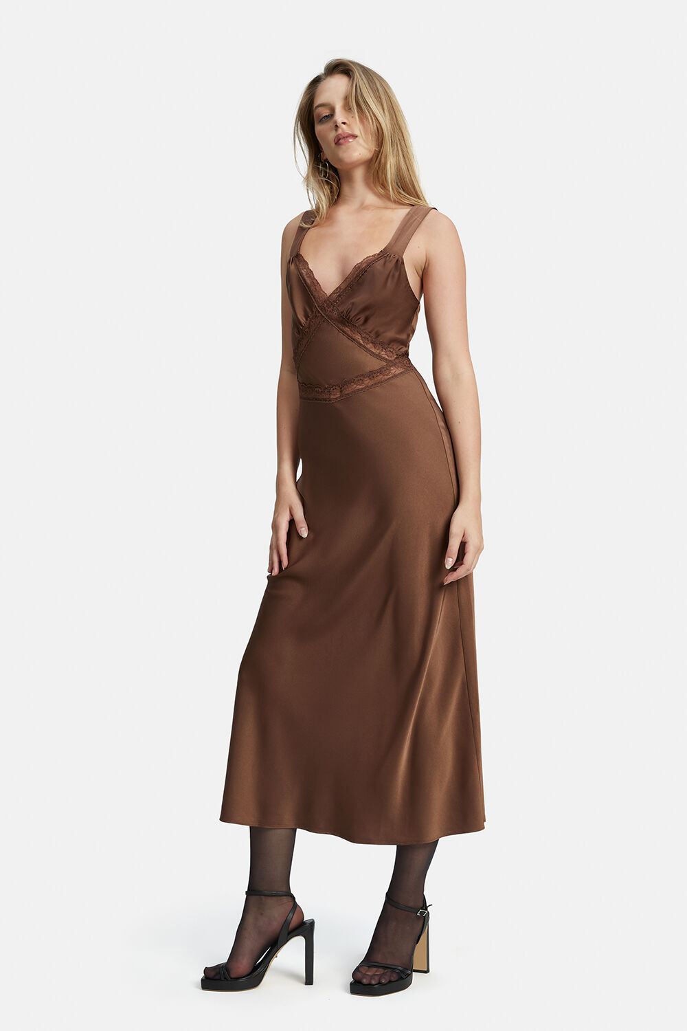 EMORY LACE SLIP DRESS in colour CHOCOLATE BROWN