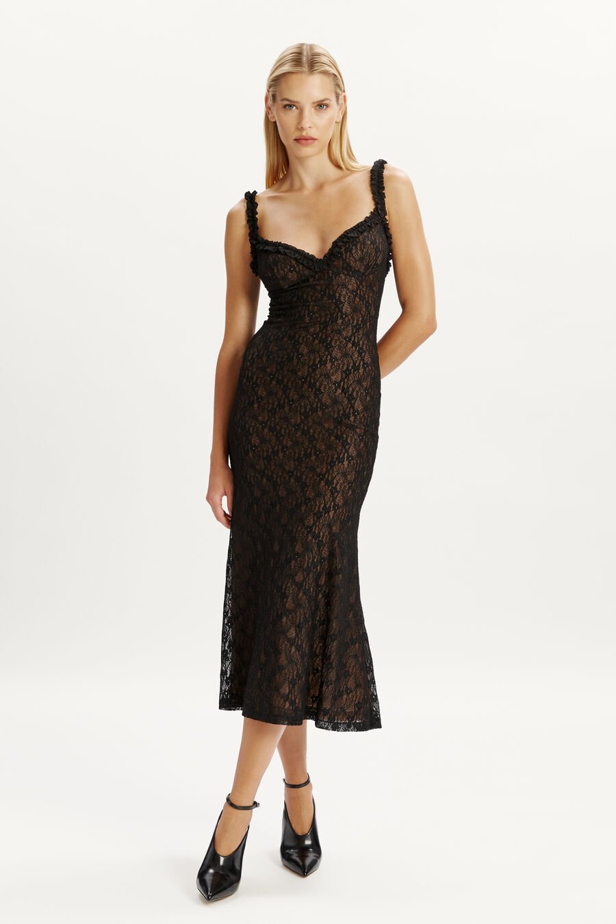 ALEGRA STRETCH LACE MIDI DRESS in colour BLACK