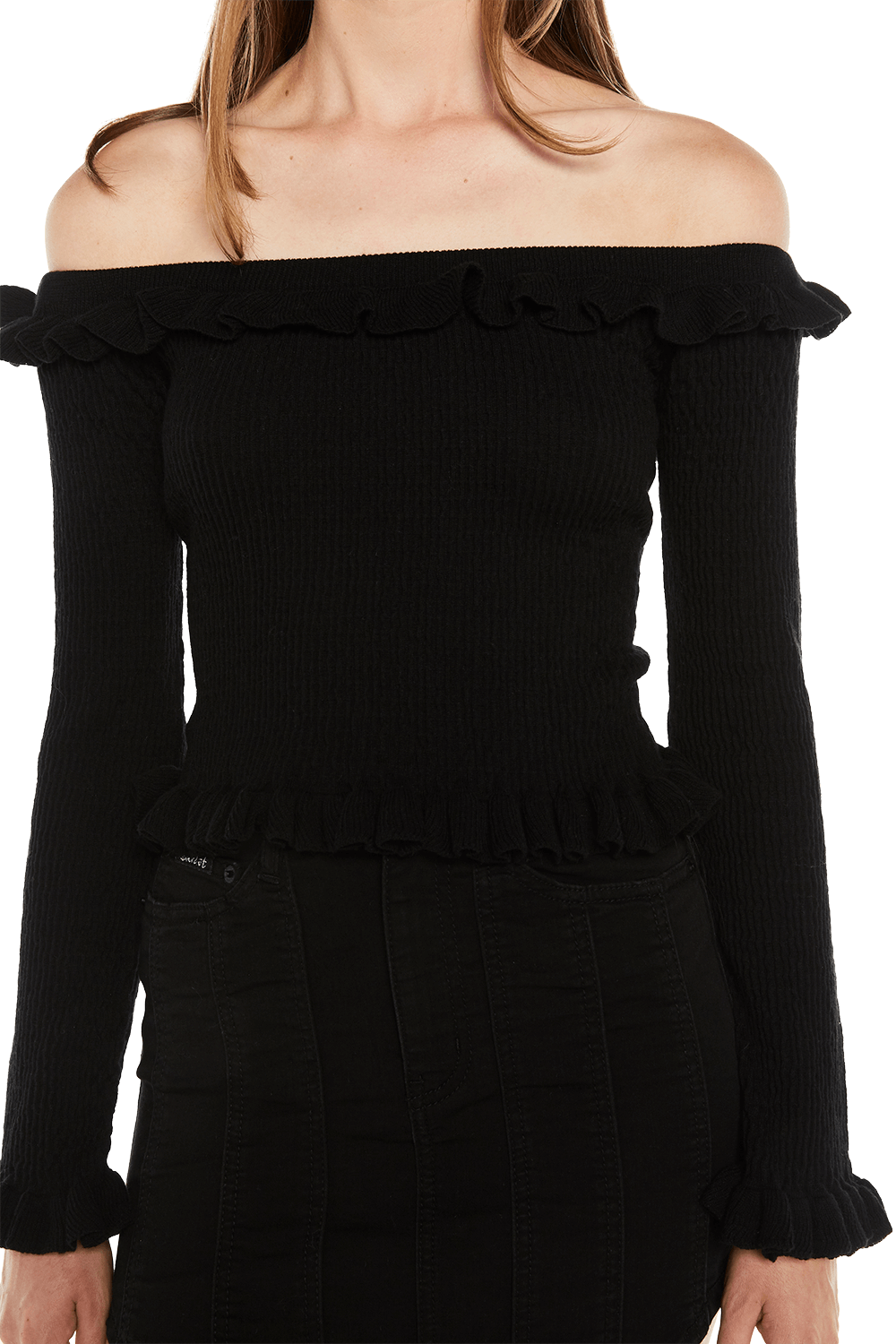 Kim Off Shoulder Knit Top in Black | Bardot