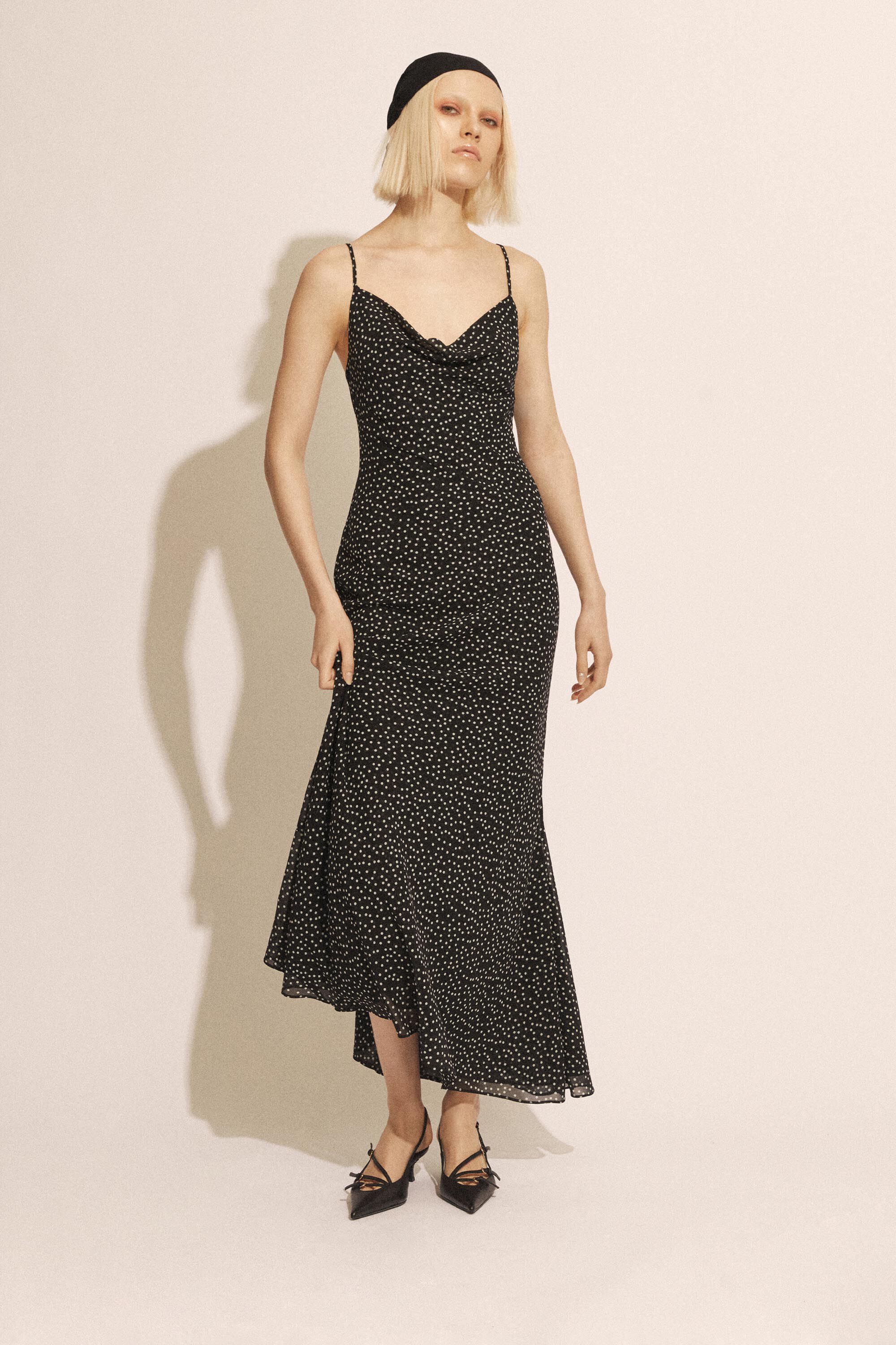 Monroe Cowl Neck Maxi Dress In Black Spot Bardot
