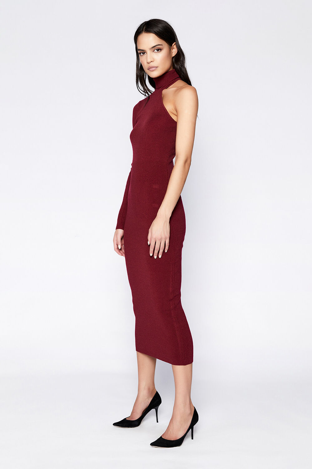 ASYMMETRIC SLV KNIT DRESS in colour CORDOVAN