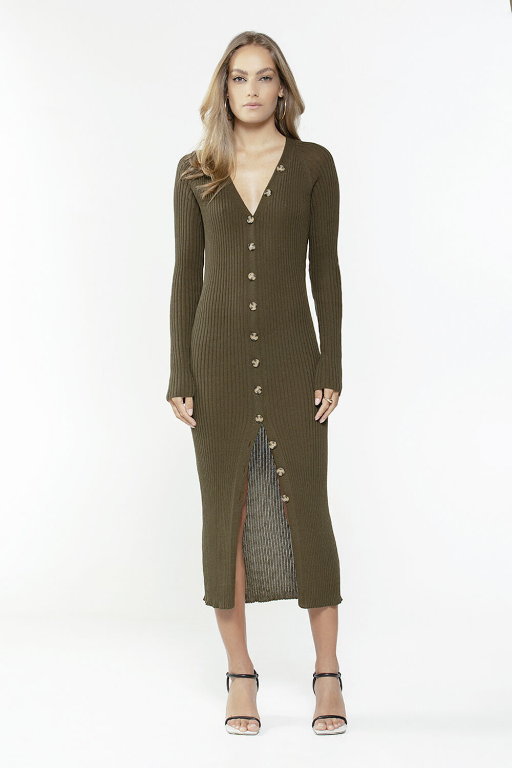 BUTTON FRONT KNIT DRESS in colour IVY GREEN