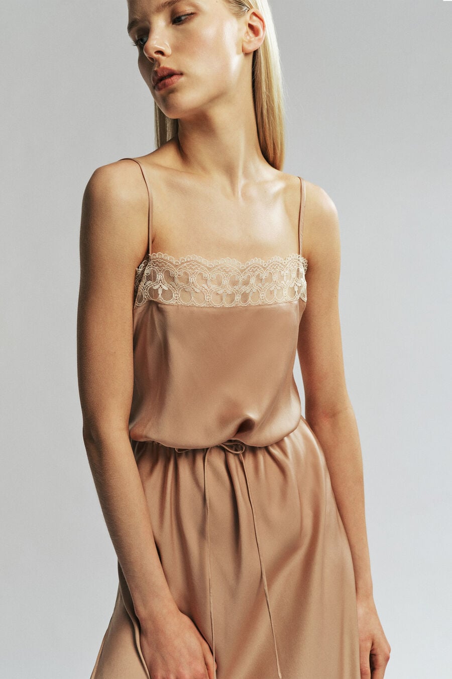 Olina Lace Satin Midi Dress