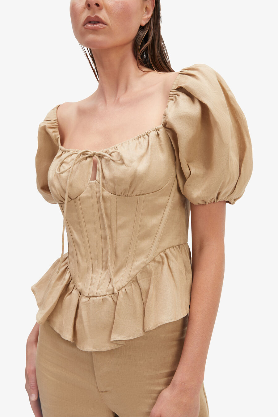 ESRA PUFF SLEEVE CORSET TOP in colour LATTE