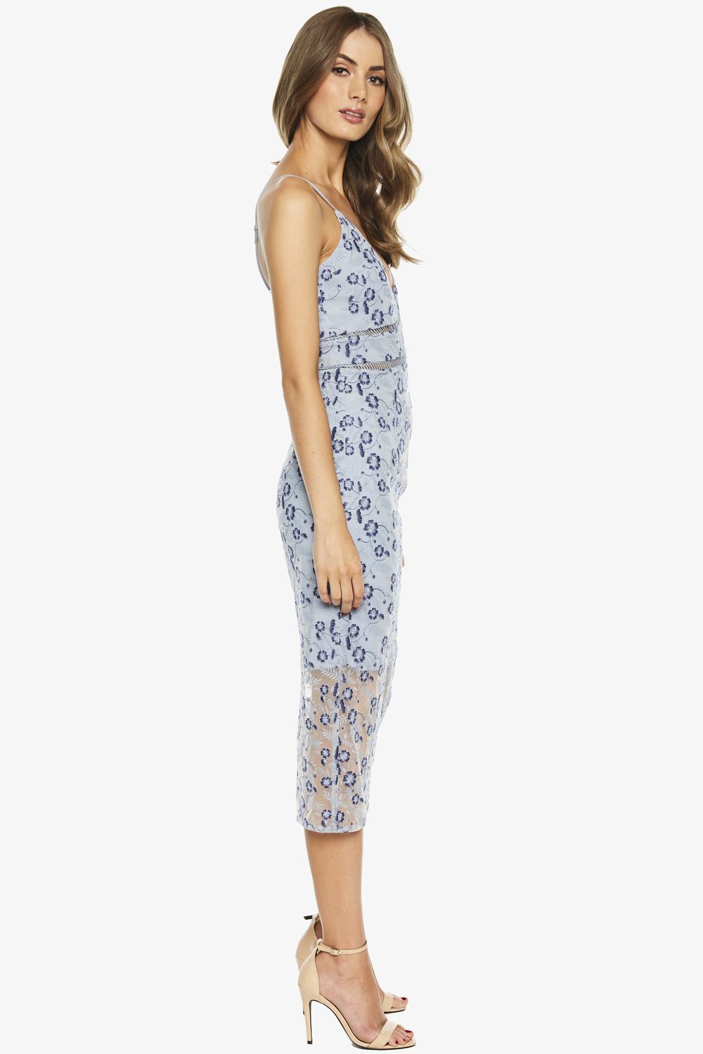 bardot sapphire lace midi dress