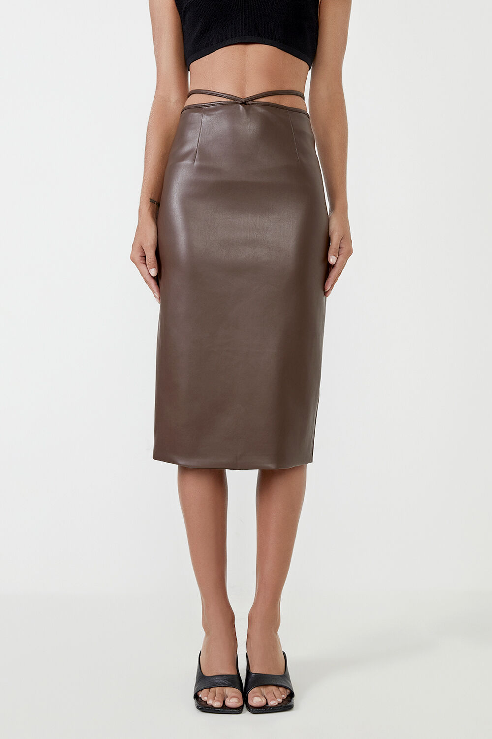 brown faux leather long skirt