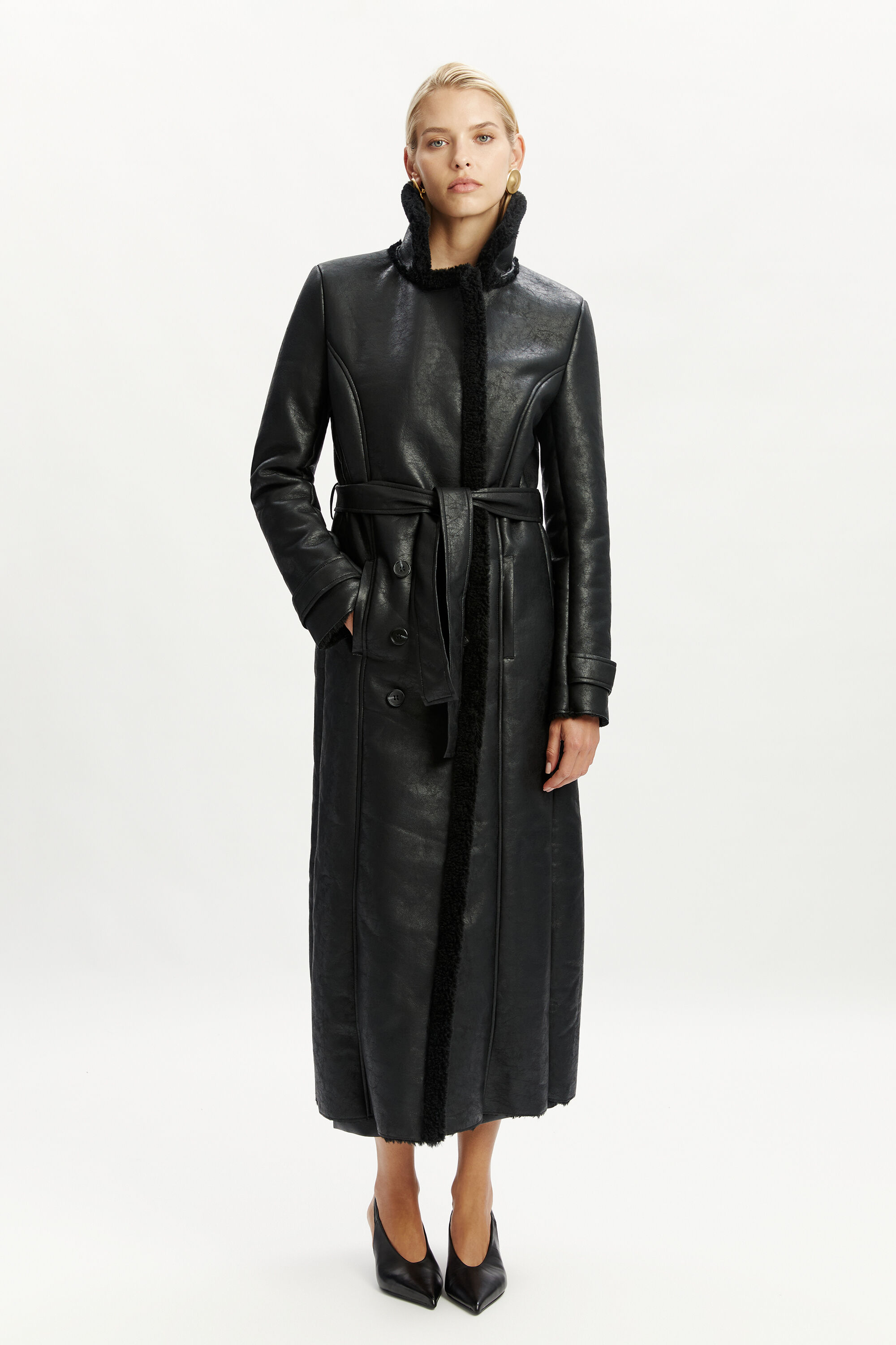 Vegan Leather Shirling Coat In Black | Bardot