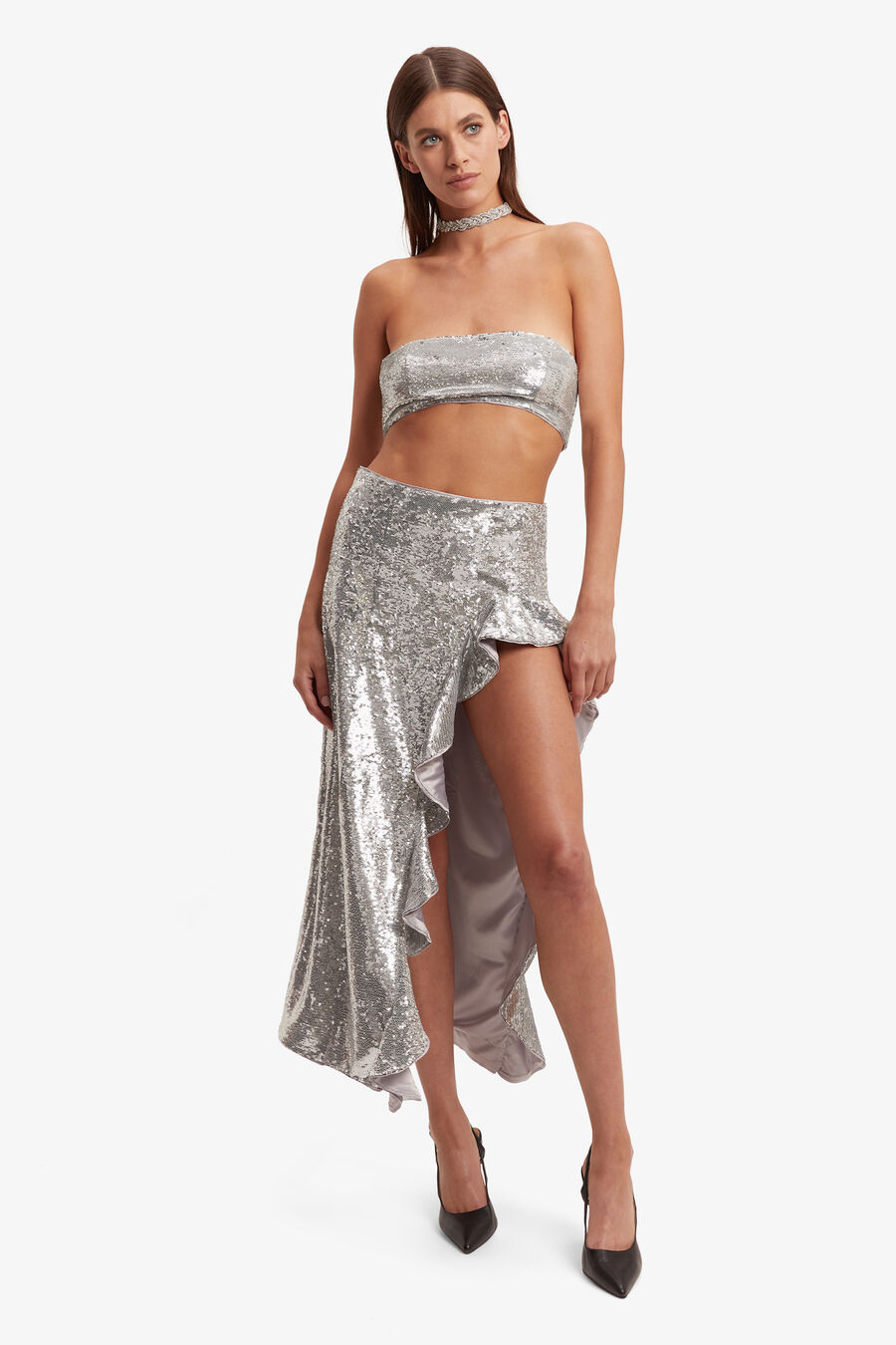 SUZU SEQUIN MAXI SKIRT in colour SILVER SEQ
